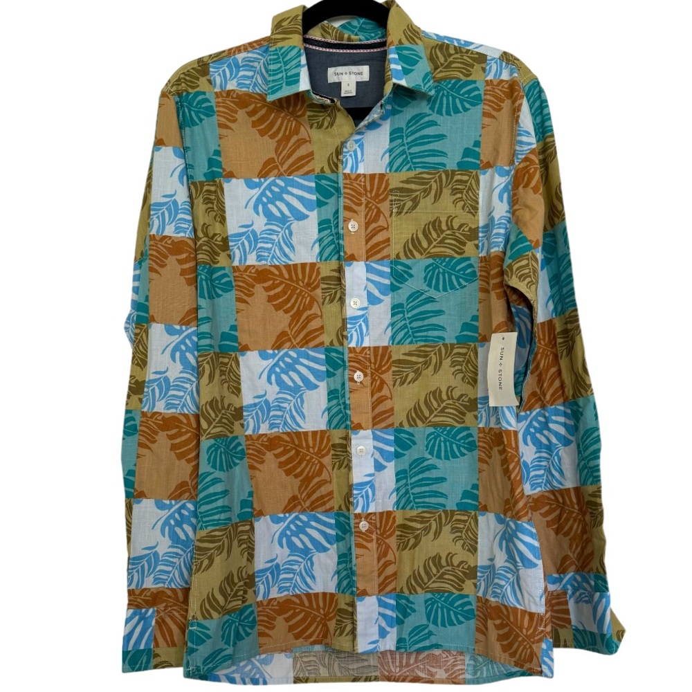 NWT Sun + Stone Mens Patchwork Hammock Tropical Leaf Button Front Shirt Small